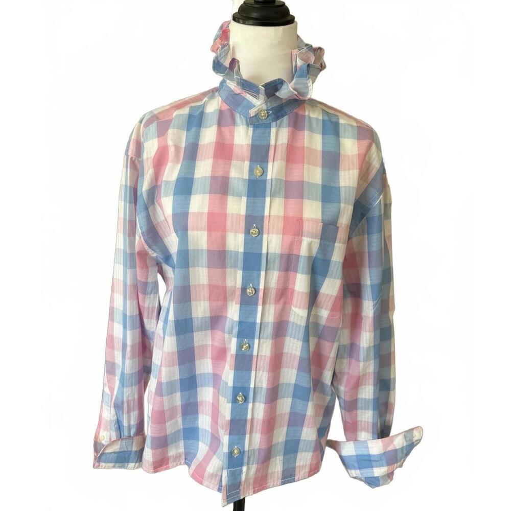 Upcycled Vineyard Vines Pastel Pink and Blue Plaid Button-Up with Ruffled Collar - Picture 3 of 8